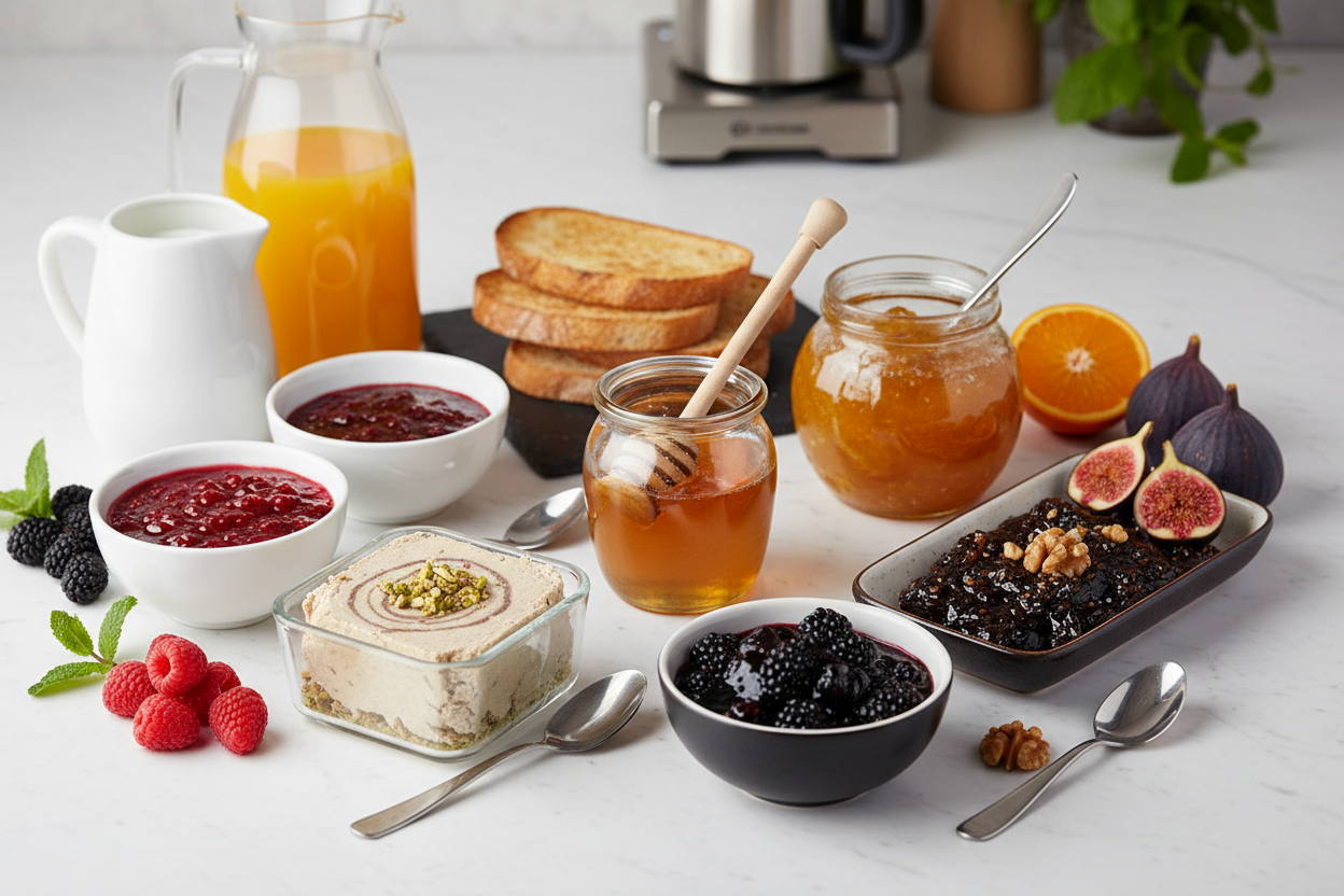bal, vişne reçeli, portakal reçeli, helva, incir reçeli, ahududu reçeli ve böğürtlen reçelinin bulunduğu güzel bir kahvaltı görseli hazırlar mısın? çözünürlüğü çok iyi olmalı ve görsel renkleri konsepti modern olmalı